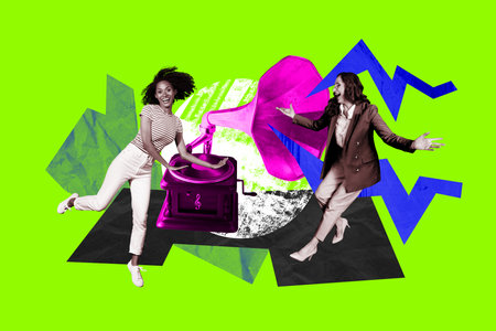 Composite photo collage of happy young afro girl old lady dance retro gramophone party nightlife occasion isolated on painted backgroundの写真素材