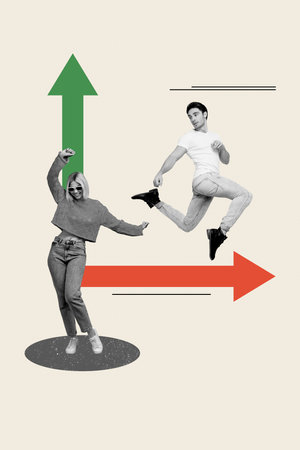 Vertical photo collage of happy blonde girl dance success career development unlucky colleague man...