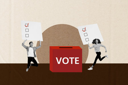 Composite trend artwork 3D sketch image photo collage of vote election politics president government man lady hold checklist make choiceの写真素材