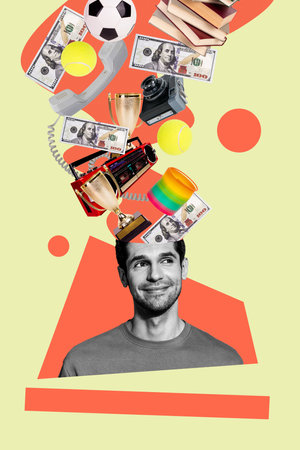 Composite trend artwork sketch image photo collage of young man half head dream money coins landline phone trophy camera boombox bookの写真素材