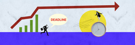 Composite panoramic collage of business colleagues man run late work deadline watch growth arrow...