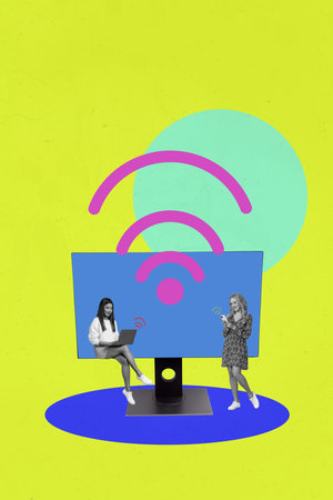 Vertical photo collage of two happy girls surf laptop phone fast 5g connection hotspot connection pc monitor isolated on painted backgroundの写真素材