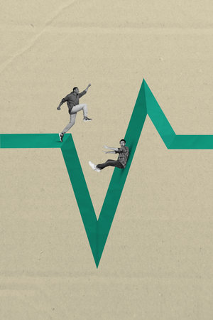 Vertical composite collage image picture of two mini guys heartbeat isolated on creative background