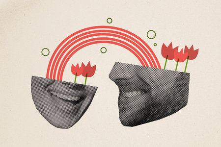 Creative trend collage of couple heads flowers rainbow romantic feelings growing weird freak bizarre unusual fantasyの写真素材