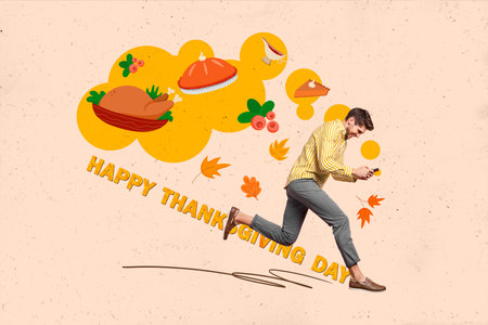 Composite photo collage of smile man run carry phone thanksgiving day celebration pumpkin pie turkey holiday isolated on painted backgroundの写真素材
