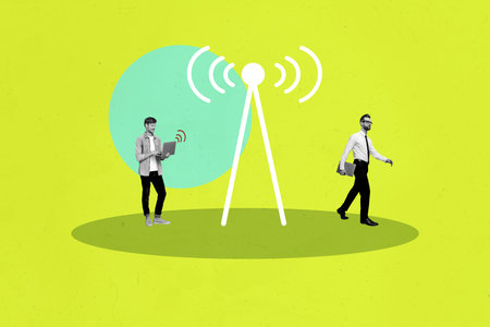 Composite photo collage of two businessmen freelancers walk internet tower wifi router hotspot surf laptop isolated on painted backgroundの写真素材