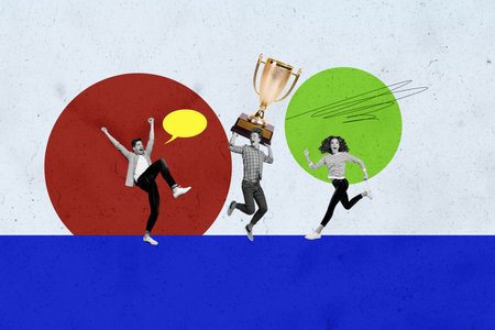 Composite photo collage of three happy business people girl guys receive goblet reward success...