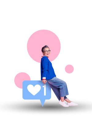 Vertical poster collage mature woman social media blogger network popularity receive feedback like...