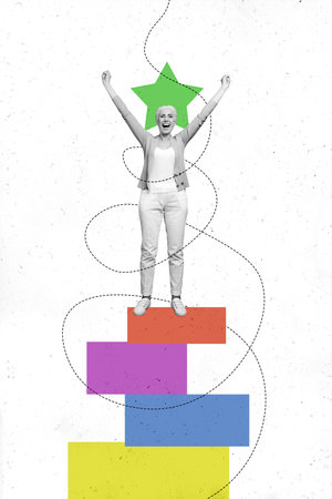 Composite trend artwork 3D sketch image photo collage of aged woman achieve goal stand pile rectangle star win victory best hand gestureの写真素材
