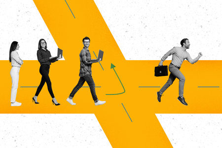 Collage sketch image of business people working together going office way direction isolated on...