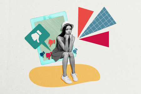 Photo of unhappy girl sit digital tablet with many thumb down dislike on white color backgroundの写真素材