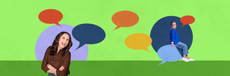 Composite panoramic collage of two happy old woman talk together colorful bubble speech...