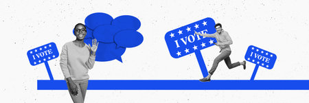 Composite panoramic collage of two happy girl guy election vote nameplate procedure citizen bubble...