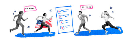 Composite panoramic collage of happy girls guys run election ballot paper icon usa flag democracy...