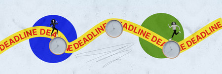 Composite panoramic collage of two happy business girls run timeline deadline watch regime expire...
