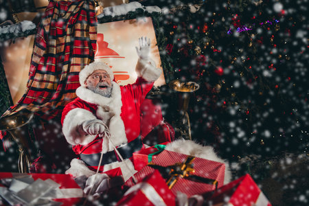 Photo of funky grandfather santa drive reindeer carriage deliver newyear giftbox fairy atmosphere outdoorsの写真素材