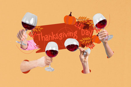 Sketch image trend collage of autumn season happy thanksgiving day feast celebrate hand hold glass wine drink party pumpkin greeting cardの写真素材