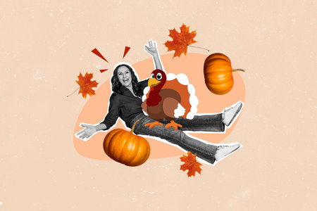 Composite photo collage of happy old woman hold turkey bird dry foliage thanksgiving holiday maple...