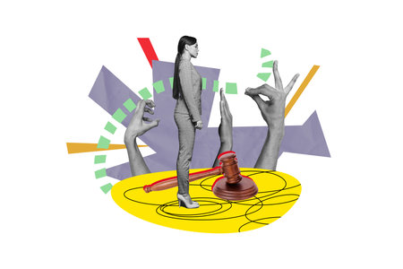 Composite photo collage of serious girl justice court hammer verdict decision jurisprudence hands gesture isolated on painted backgroundの写真素材