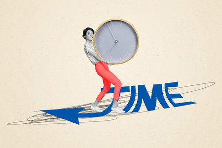 Composite photo collage of unhappy girl carry dial alarm clock time management punctuality schedule...