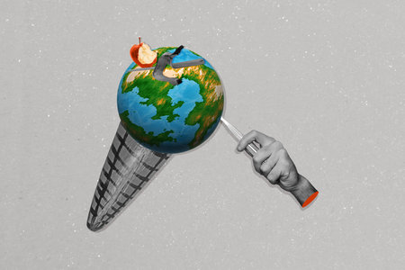 Poster banner advert collage of person hold cone with polluted earth