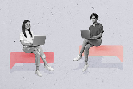 Composite trend artwork sketch image photo collage of copyspace speech cloud chatting social media app two young lady coworking laptopの写真素材