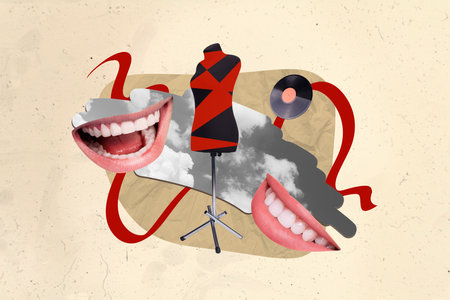 Creative picture collage human mouth parts teeth psychedelic cutouts laughter disco vinyl plate...