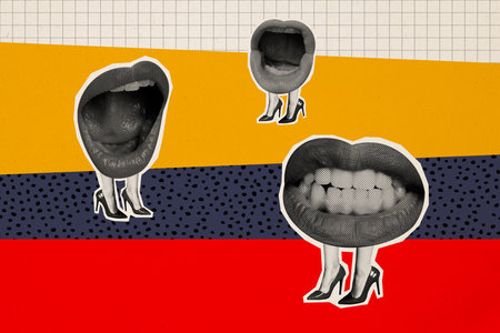 Composite artwork sketch image photo collage of monochrome caricature lady huge mouth lips talk office workplace stand woman legs shoesの写真素材