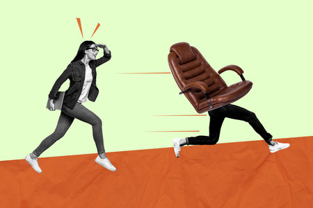 Trend artwork composite sketch image 3D collage of young woman confident walk hold laptop office manager armchair run away human legsの写真素材
