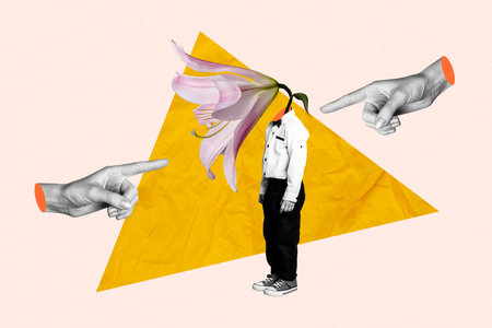 Composite photo collage of anonym small schoolboy instead head lily flower hand blame index abuse society isolated on painted backgroundの写真素材