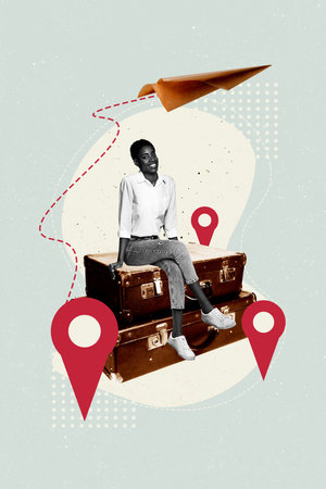 Vertical photo collage of happy american girl sit suitcase summer travel preparation geometric icon gps plane isolated on painted backgroundの写真素材