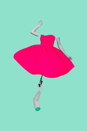 Vertical collage image 3d hand body fragment umbrella parasol pink dress outfit headless girl woman fashion drawing backgroundの写真素材