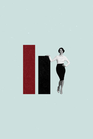 Collage image artwork of beautiful business lady presenting graph diagram isolated on creative drawing backgroundの写真素材