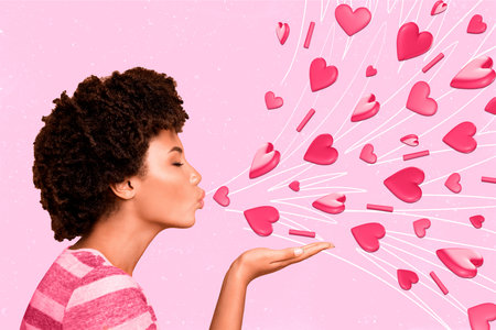 Poster banner collage image of girl send air kiss with many hearts on pink pastel color backgroundの写真素材