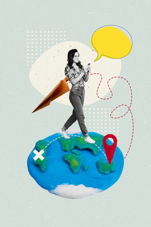 Vertical photo collage of happy girl hold phone gps navigator route summer travel geolocation plane globe isolated on painted backgroundの写真素材