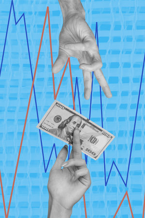 Composite collage picture image of hands give take dollar banknote trading salary money unusual fantasy billboard comics zineの写真素材