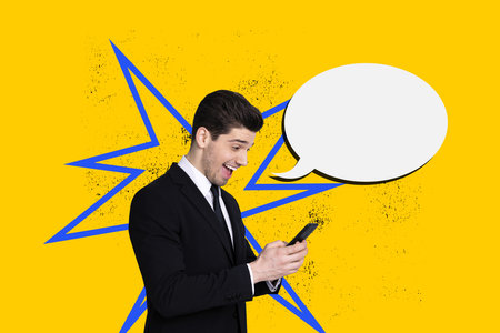 Composite photo collage of happy businessman hold phone device correspondence notification text box...