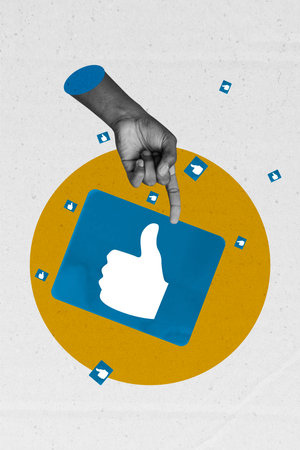 Collage poster image of blogger arm showing sign thumb up popularity symbol isolated on drawing...