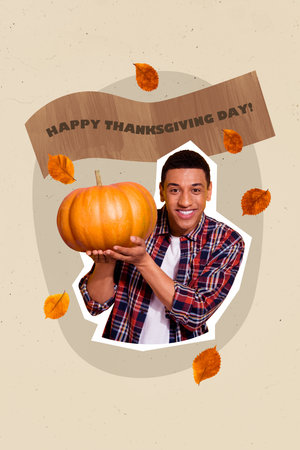 Sketch image composite 3D collage of autumn thanksgiving day tradition feast party greeting card young guy man hand hold pumpkin presentの写真素材