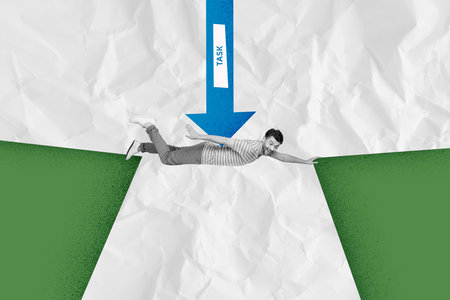 Creative composite photo collage of optimistic guy under pressure of work tasks uses stress...