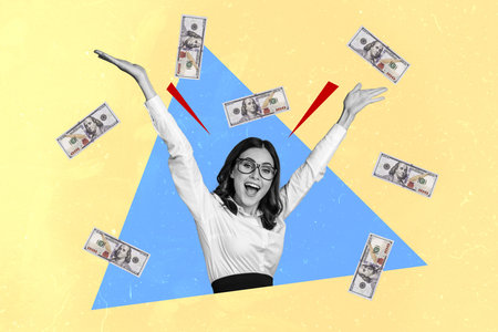 Composite photo collage of happy businesswoman receive dollar salary income rich executive fly banknotes isolated on painted backgroundの写真素材