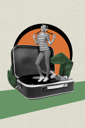 Vertical photo collage of happy girl wear headphone listen music stand vinyl disk player melody sound relax isolated on painted backgroundの写真素材