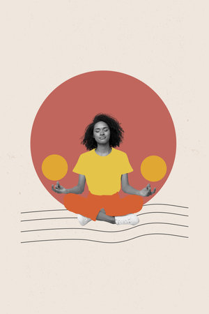 Vertical poster collage young girl sit meditate closed eyes concentrated asana zen calmness healthcare carefree exerciseの写真素材