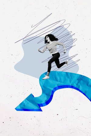 Creative abstract template collage of funny running female arrow way path unusual fantasy billboard comicsの写真素材