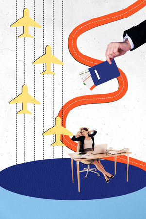 Vertical photo collage of happy girl sit office hand hold passport ticket paper plane summer vacation day off isolated on painted backgroundの写真素材