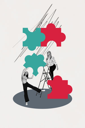 Composite trend artwork sketch image collage of office two person young lady aged woman work together solve puzzle cowork complete pieceの写真素材