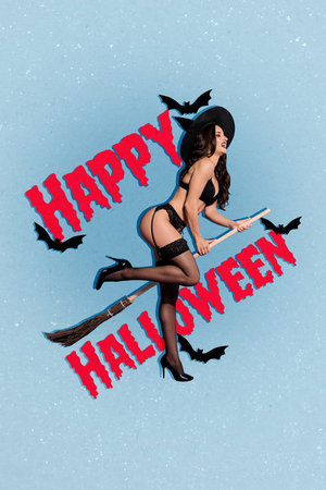 Vertical photo collage of happy girl witch wear lingerie ride broom seductive sabbath halloween masquerade isolated on painted backgroundの写真素材