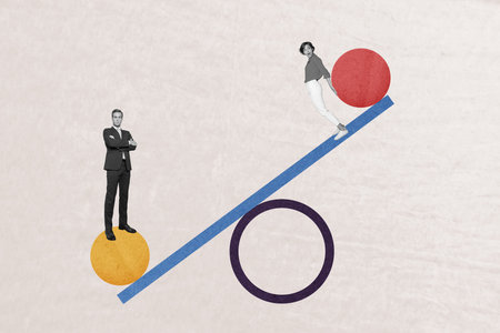 Collage image artwork of two people office workers comparing skills isolated on drawing background