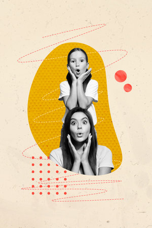 Composite trend artwork sketch image collage of family generation mother daughter sister together face grimace carefree relax rest foolingの写真素材