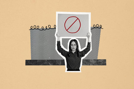 Composite photo collage of dissatisfied girl hold poster sign prohibition jail prison punishment...